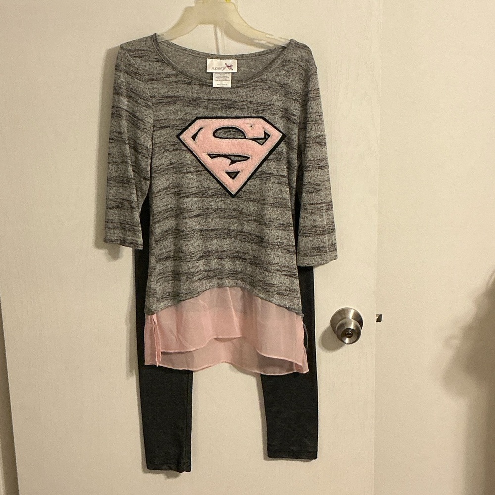 Super Girl Layered Pant Set Logo on Front Pink/Black Youth Size Lg {10.12}